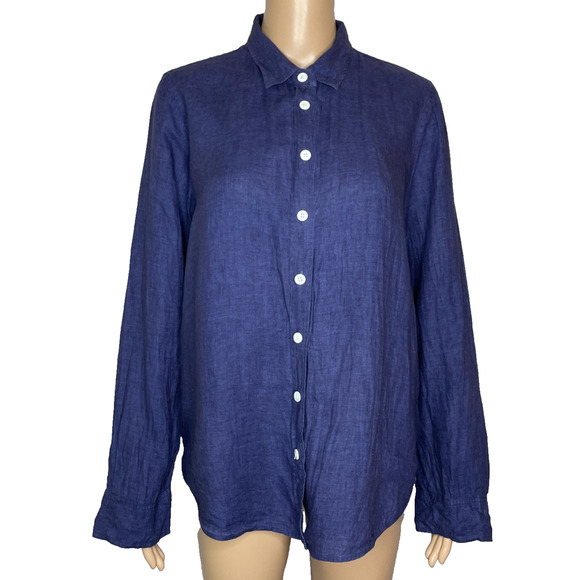 Women's Medium Trenery Navy Blue 100% French Linen Button Down Shirt - Picture 1 of 6